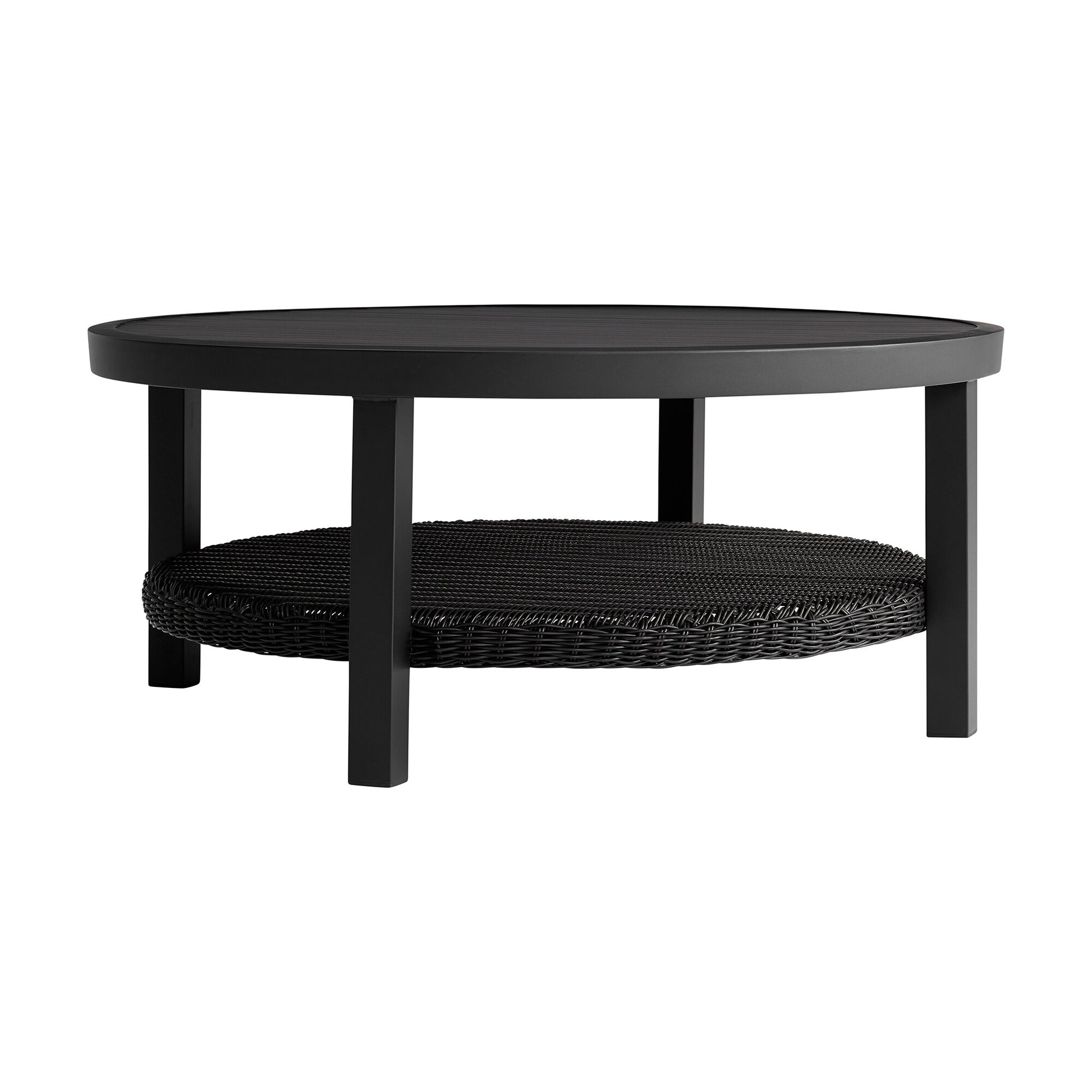 Grand Black Aluminum Outdoor Round Conversation Table with Wicker Shelf