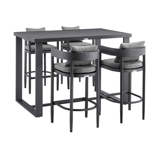 Argiope Outdoor Patio 5-Piece Bar Table Set in Aluminum with Gray Cushions