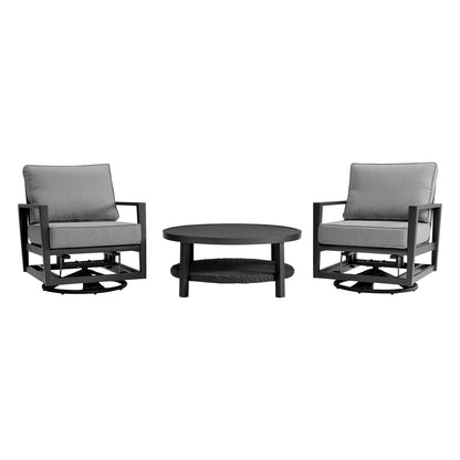 Shari and Tiffany 3 Piece Patio Outdoor Swivel Seating Set in Black Aluminum with Gray Cushions