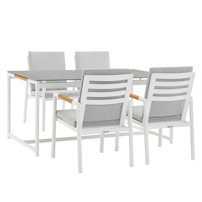 Royal 5 Piece White Aluminum and Teak Outdoor Dining Set with Light Gray Fabric