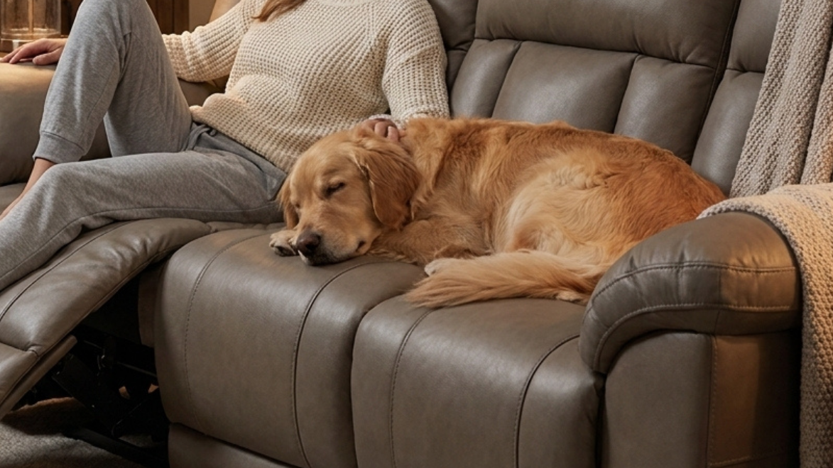 A golden retriever sleeping on a couch next to a person